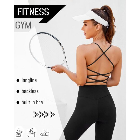 Women’s Black Open Back Sports Bra Longline Padded Crop Yoga Tank - Picture 7 of 8